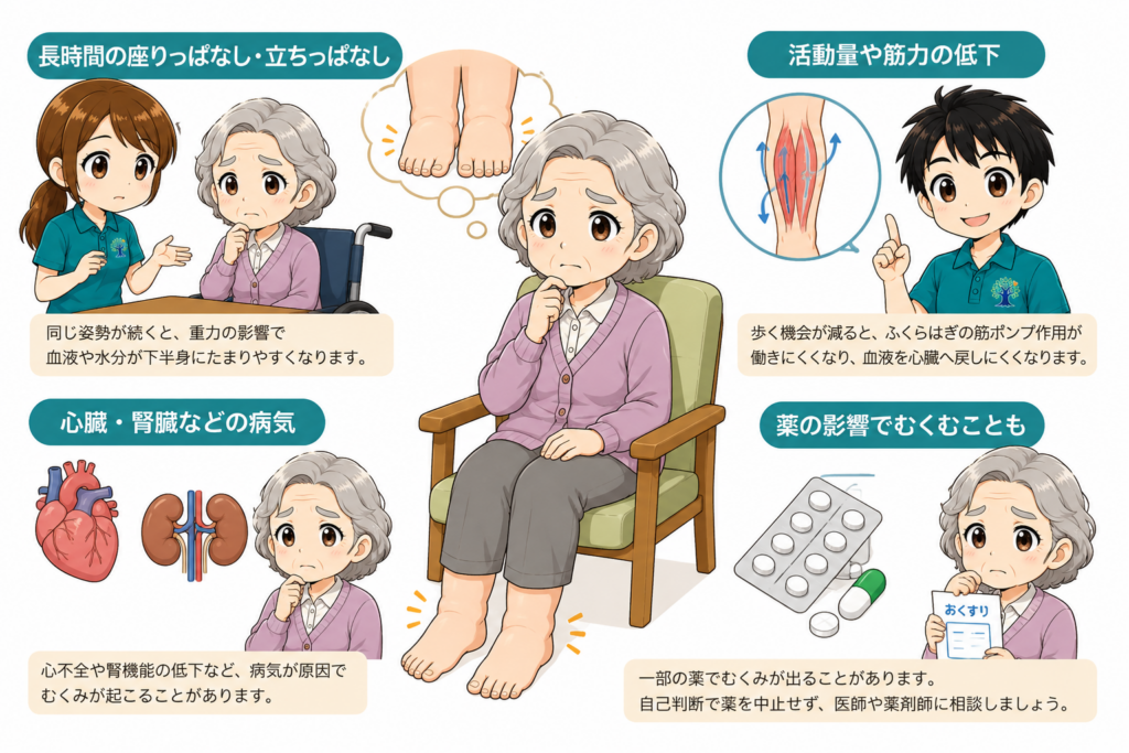 高齢者の足がむくむ主な原因を解説したイラスト。長時間の同じ姿勢、活動量や筋力の低下、心臓・腎臓の病気、薬の影響を紹介