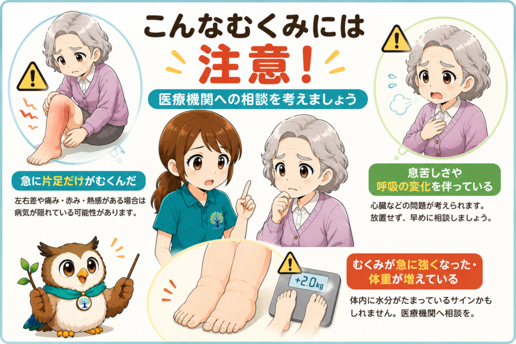高齢者の足のむくみで注意したい症状を解説するイラスト。片足だけの急なむくみ、息苦しさ、急な体重増加を紹介