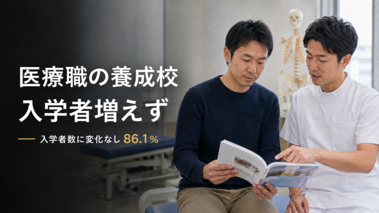 医療職の養成校で社会人が理学療法士と資料を確認する様子。履修免除制度を導入した養成校の86.1％で入学者数に変化がなかった厚労省調査。