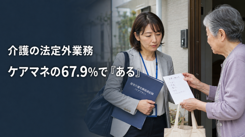 介護保険制度の範囲外となる業務について資料を確認するケアマネジャーと管理者。NCCUの調査では、ケアマネジャーの67.9％が職場に法定外業務があると回答した。