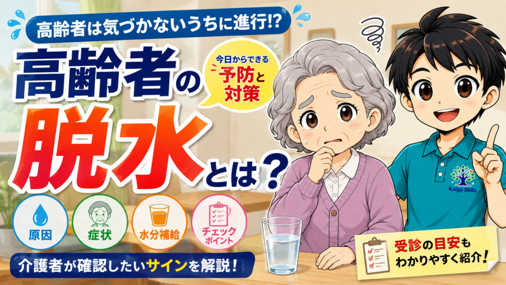 高齢者に起こりやすい脱水の症状・原因・予防について解説するイラスト