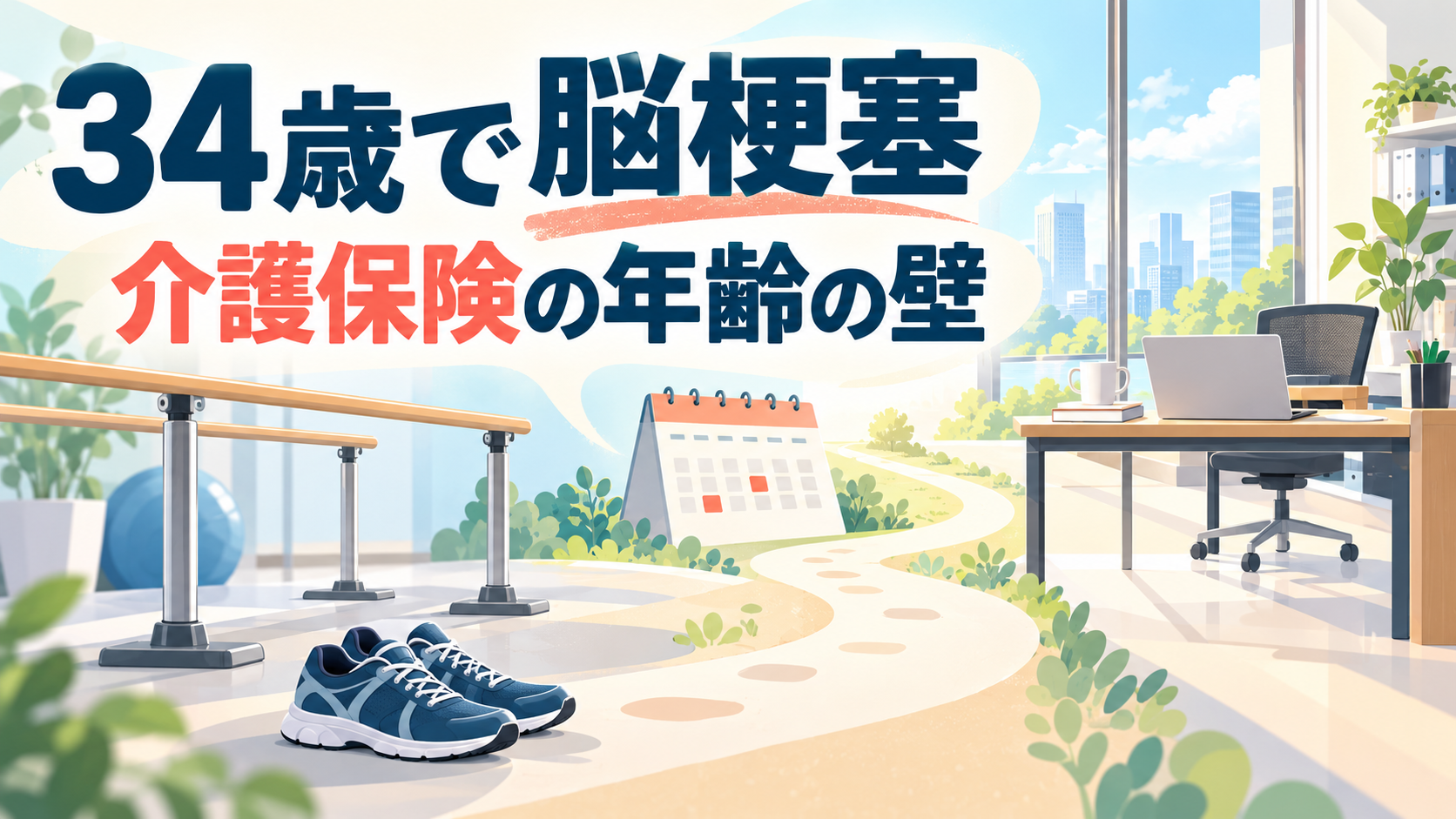 「34歳で脳梗塞」「介護保険の年齢の壁」の文字と、リハビリ用の平行棒から仕事机へ続く道を描いたイメージ画像