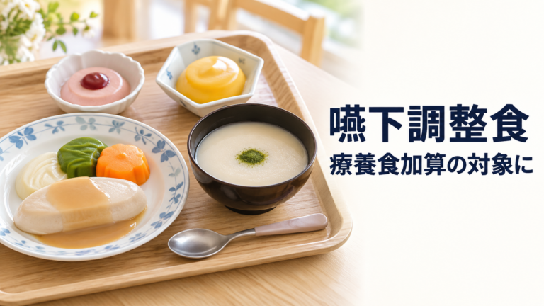 介護施設で提供されるムース状・ゼリー状の嚥下調整食と、「嚥下調整食　療養食加算の対象に」と表示したサムネイル画像。