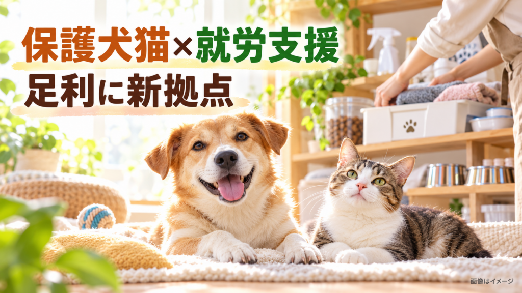 保護犬と猫のそばで、飼育用品のタオルを整える人の手を描いたイメージ画像。「保護犬猫と働く　足利に就労支援の場」と表示。実際の足利店や保護動物の写真ではない。
