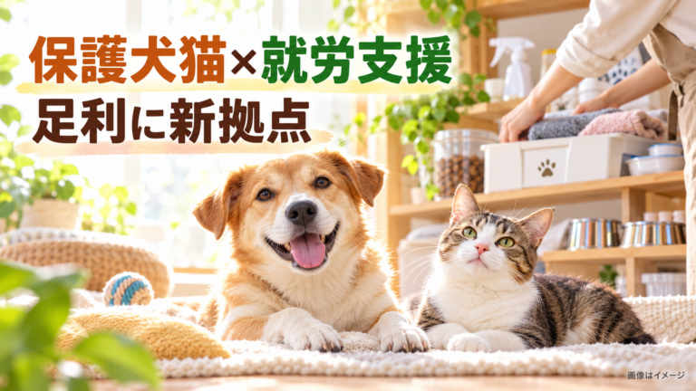 保護犬と猫のそばで、飼育用品のタオルを整える人の手を描いたイメージ画像。「保護犬猫と働く　足利に就労支援の場」と表示。実際の足利店や保護動物の写真ではない。