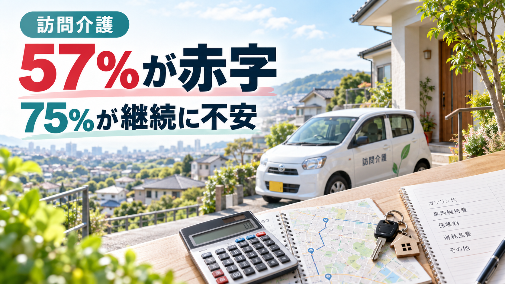 住宅地に止まる訪問用車両と移動経路、電卓を写した画像。訪問介護の会員調査で回答事業所の57％が赤字、75％が継続に不安を感じていることを示している。