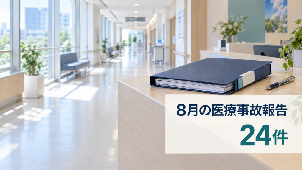 明るい病院の廊下と医療記録ファイルを背景に、「8月の医療事故報告24件」と表示したサムネイル画像。