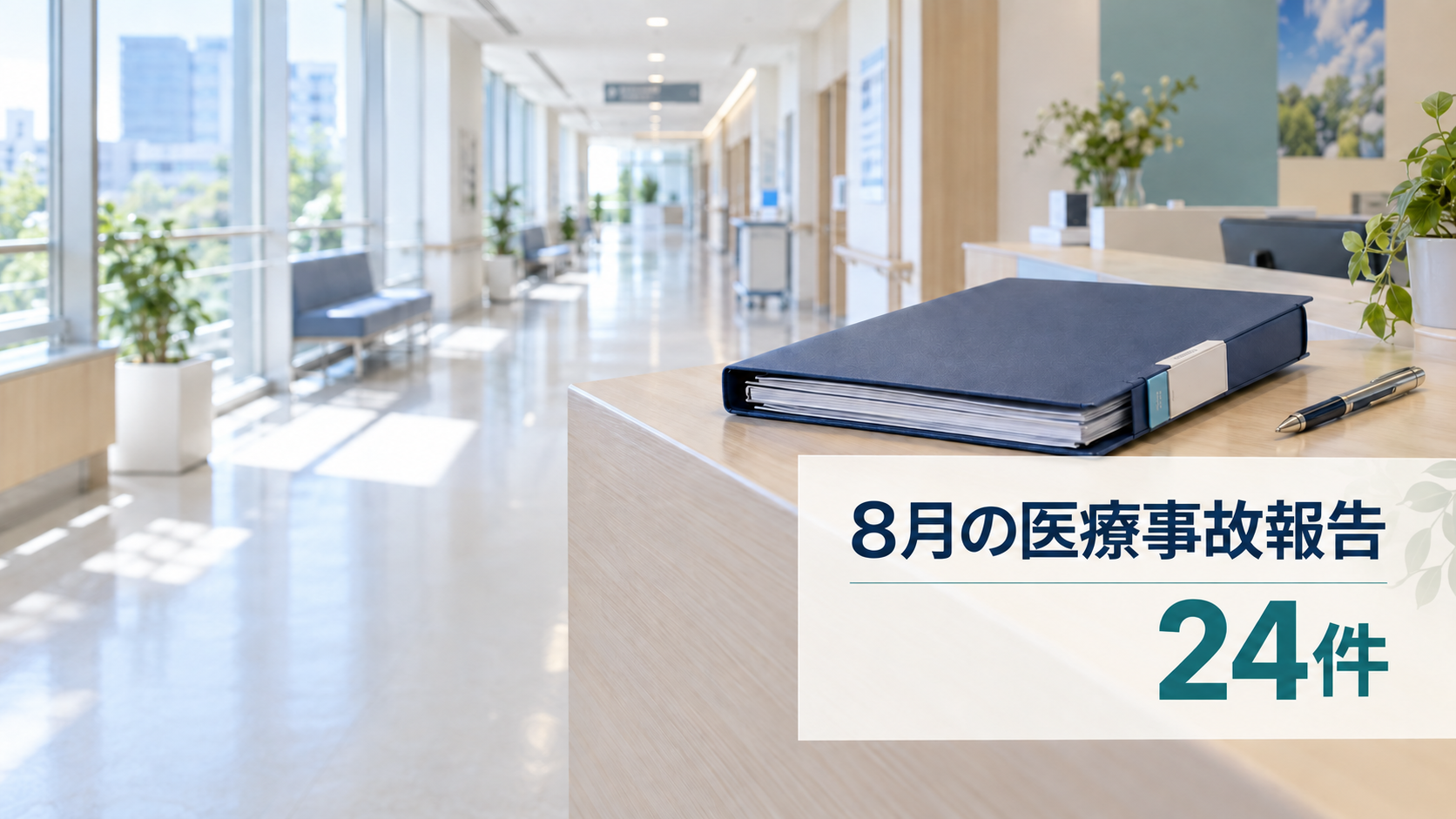 明るい病院の廊下と医療記録ファイルを背景に、「8月の医療事故報告24件」と表示したサムネイル画像。