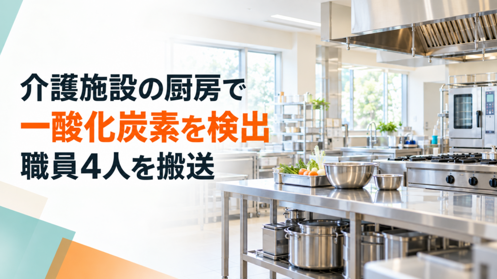 明るい業務用厨房を背景に「介護施設の厨房で 一酸化炭素を検出 職員４人を搬送」と記したニュースのイメージ画像