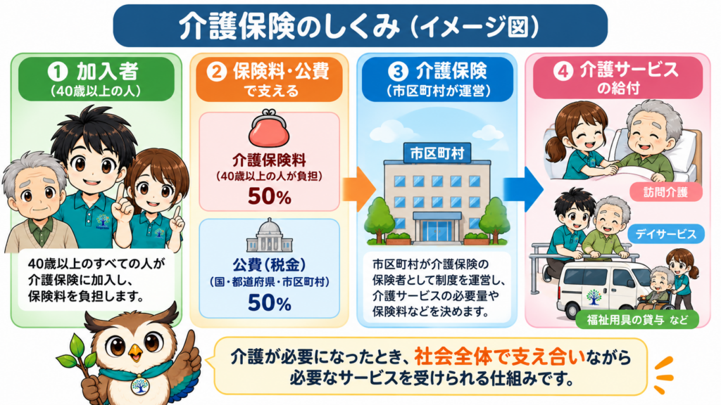 介護保険を保険料と公費で支え、市区町村が運営して介護サービスを給付する仕組みを示した図