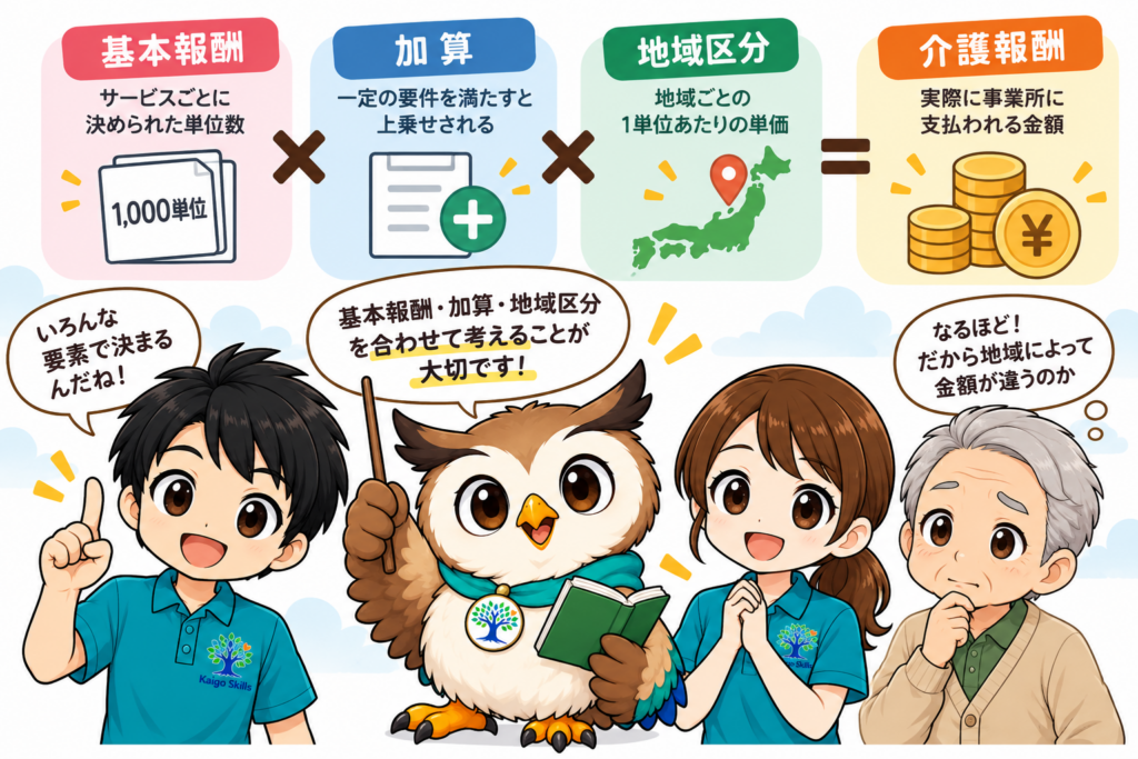 基本報酬・加算・地域区分から介護報酬が決まる仕組みを示したイラスト