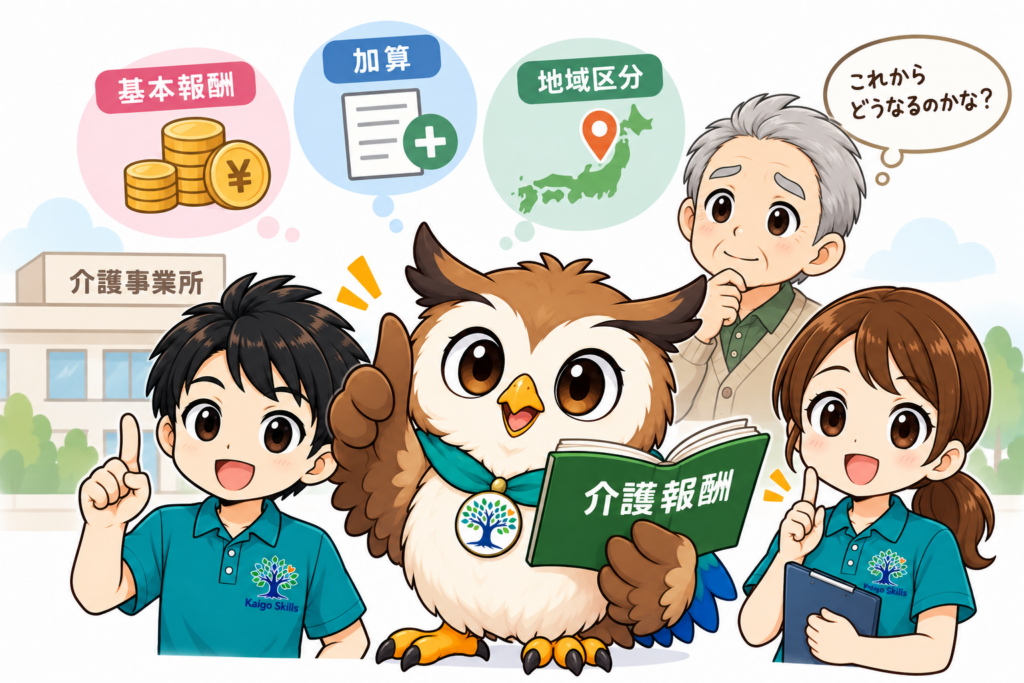 介護報酬の基本報酬・加算・地域区分の仕組みをわかりやすく示したイラスト