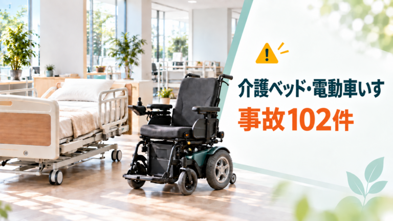 明るい福祉用具展示スペースに置かれた介護ベッドと電動車いす。「介護ベッド・電動車いす　事故102件　NITEが注意喚起」と表示されている