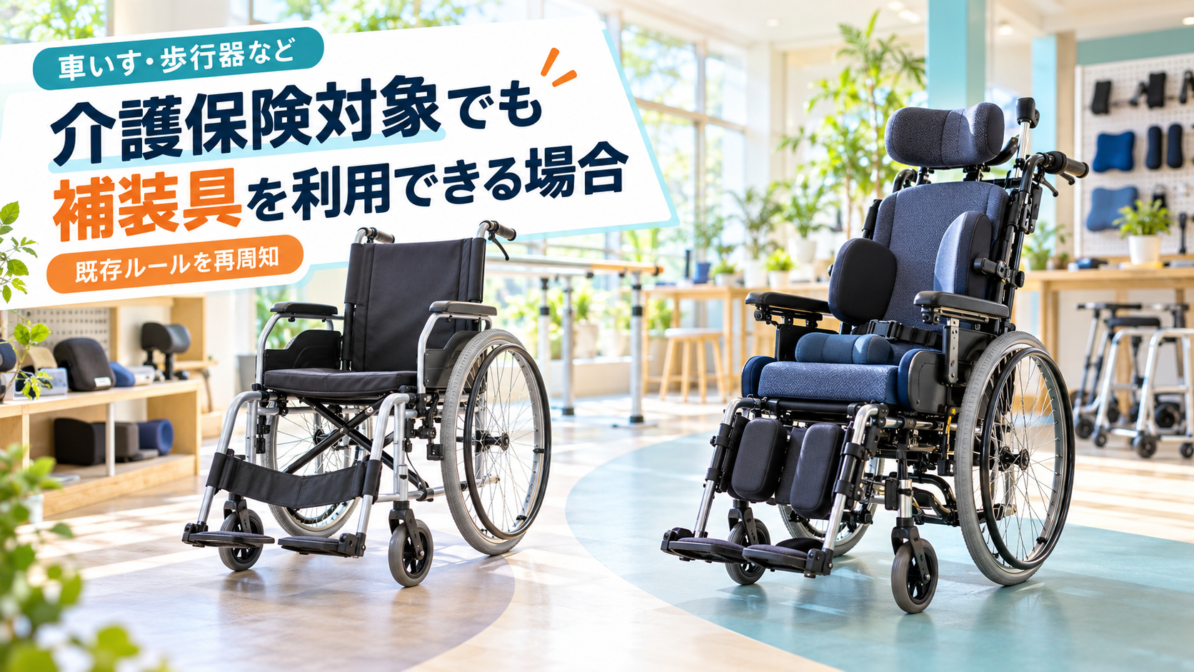 標準的な既製品の車いすと、ヘッドサポートや姿勢保持部品を備えた個別調整型の車いす。介護保険対象者でも身体状況によって補装具を利用できる場合があることを示している。