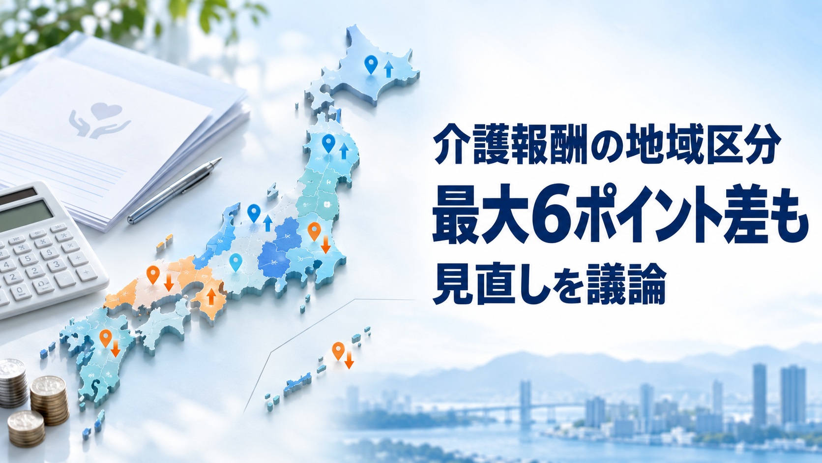 日本地図上に地域ごとの上昇・低下を表す矢印を配置し、「介護報酬の地域区分　最大6ポイント差も　見直しを議論」と表示した画像。