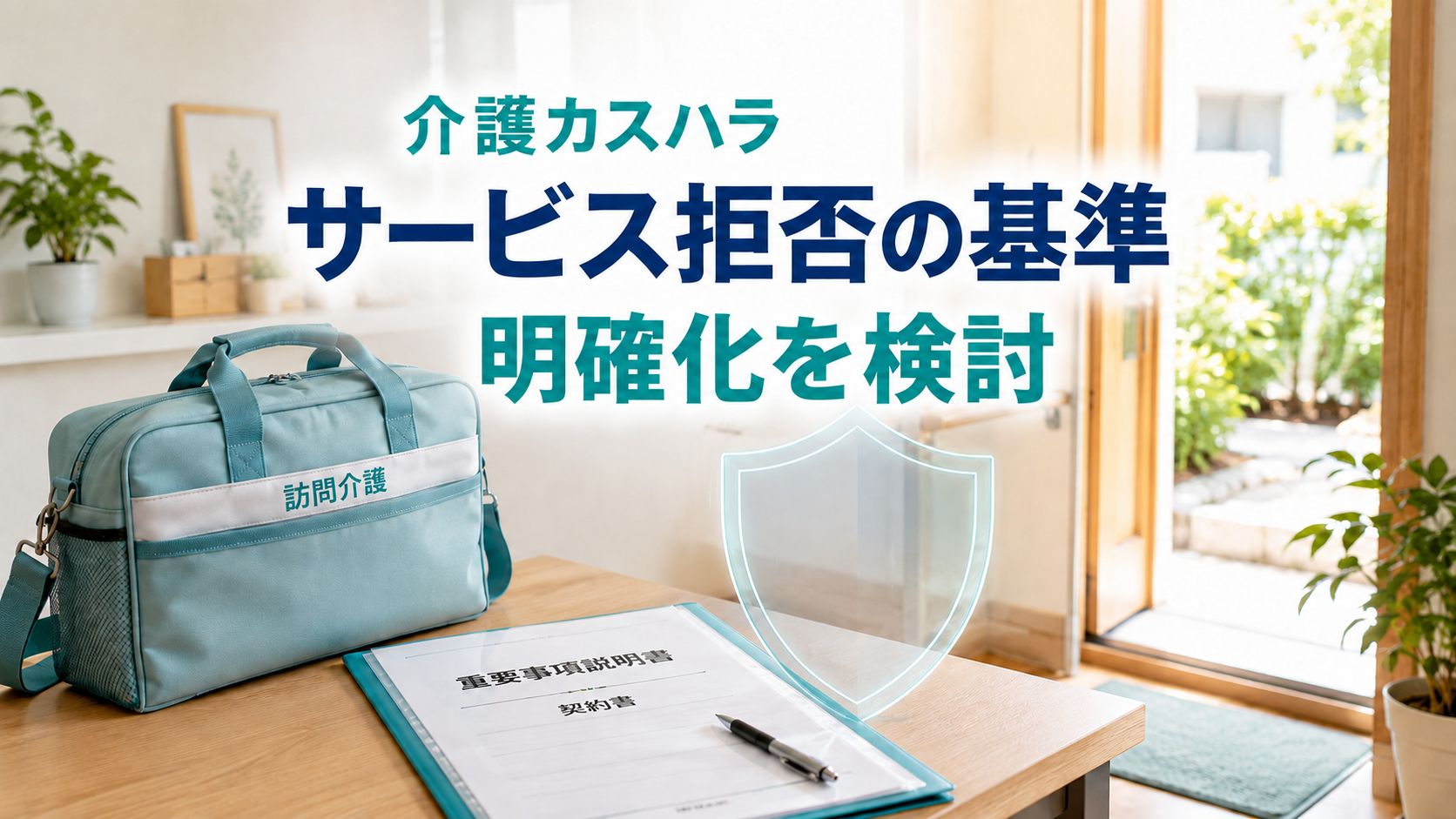訪問介護バッグや重要事項説明書を置いた明るい室内で、介護カスハラを理由とするサービス拒否の判断基準明確化が検討されていることを伝える画像。
