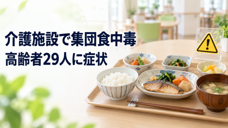 介護施設の明るい食堂に置かれた給食と注意マーク。「介護施設で集団食中毒　高齢者29人に症状」と表示されている。