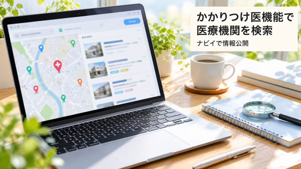 医療機関を検索する様子を表したイメージ画像。地図と検索結果を表示したノートパソコンの横に虫眼鏡が置かれ、「かかりつけ医機能で医療機関を検索」「ナビイで情報公開」と表示されている。画面は実際のナビイではない。