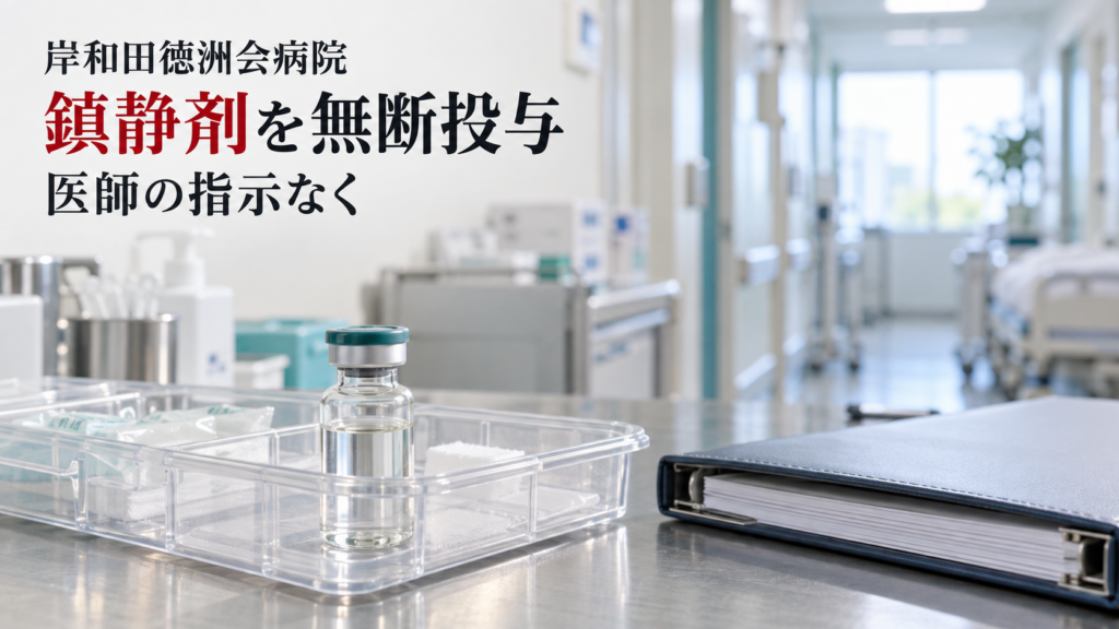 病院の薬剤準備室を模したイメージ画像に「岸和田徳洲会病院」「鎮静剤を無断投与」「医師の指示なく」と表示。実際の病院や薬剤を撮影した画像ではない。