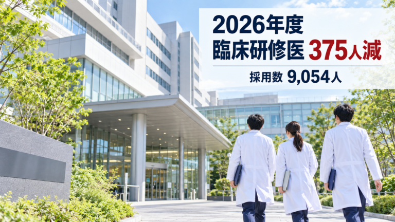 病院へ向かう3人の若手医師。厚労省によると、2026年度の臨床研修医の採用数は9054人で、前年度から375人減少した。