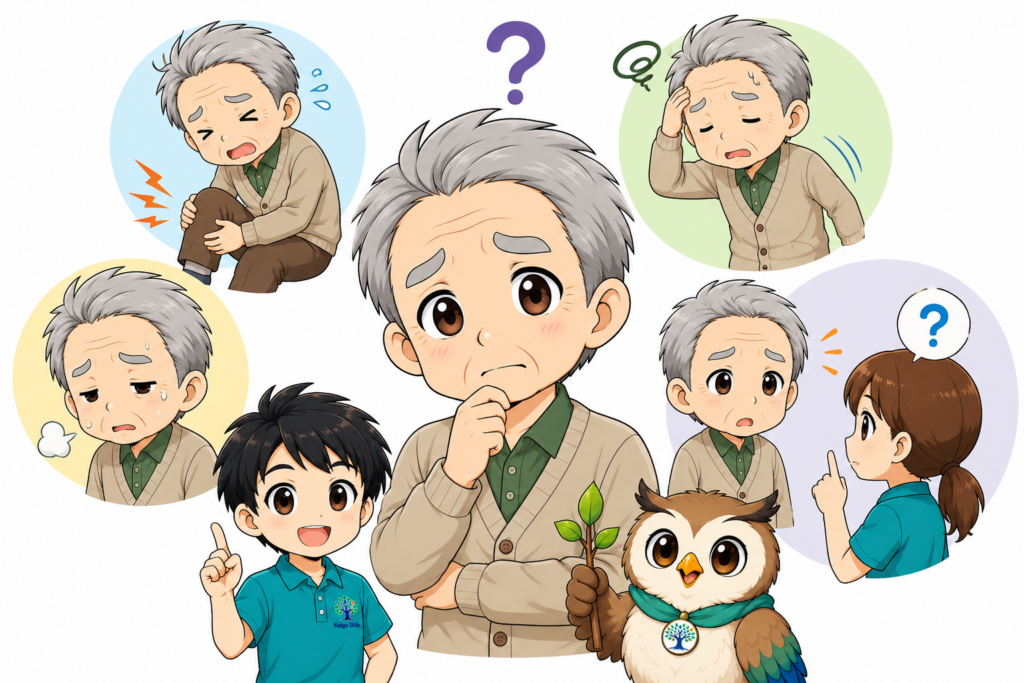 高齢者が歩けなくなったときに確認したい痛み・めまい・体調などの変化を表したイラスト