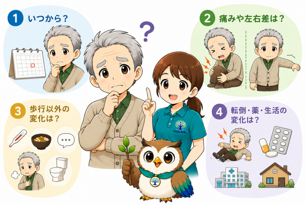 高齢者が歩けないときに確認したい発症時期・痛みや左右差・全身状態・転倒や薬などの変化を示したイラスト