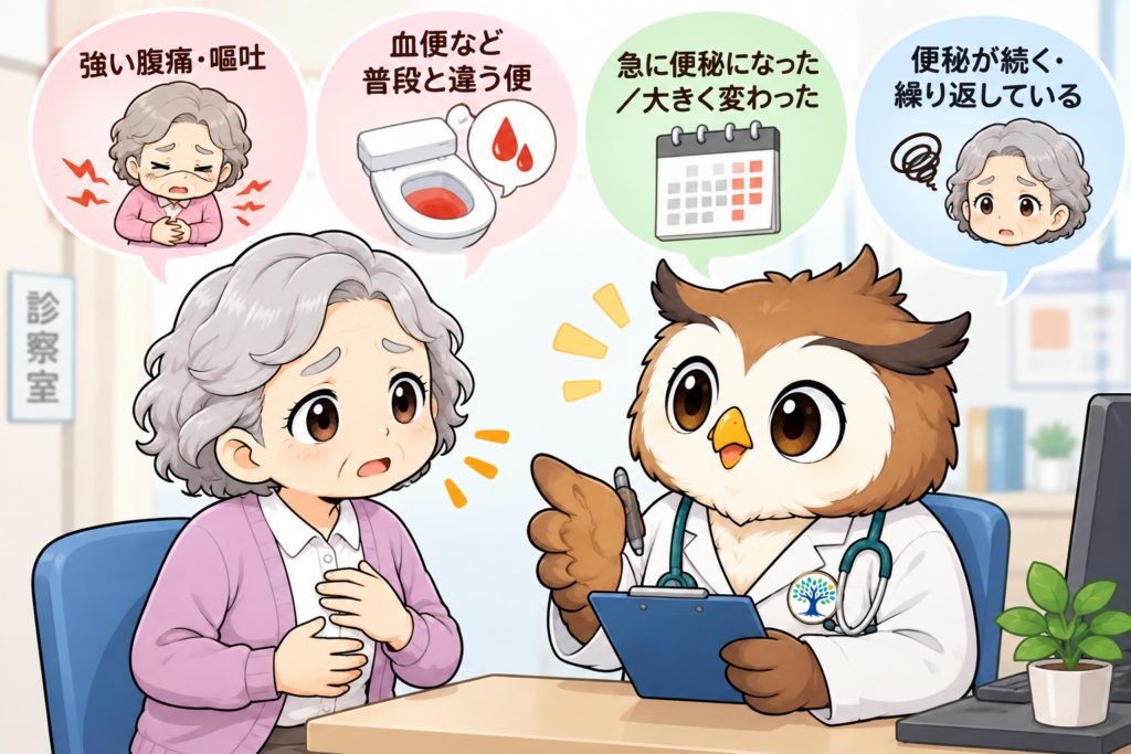 高齢者の便秘で医療機関への相談を考えたい症状を医師役のフクロウに相談するイラスト