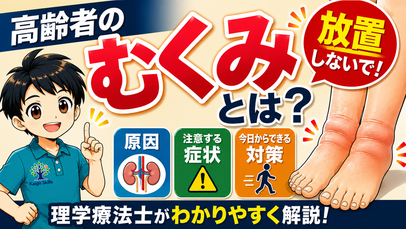 高齢者の足のむくみ（浮腫）の原因・注意したい症状・対策を理学療法士が解説するイラスト
