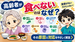 高齢者が食べない・食欲不振になる原因と対応を解説するイラスト