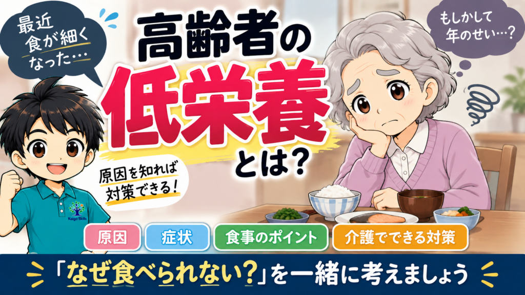 高齢者の低栄養の原因・症状・食事のポイント・介護でできる対策を解説するイラスト