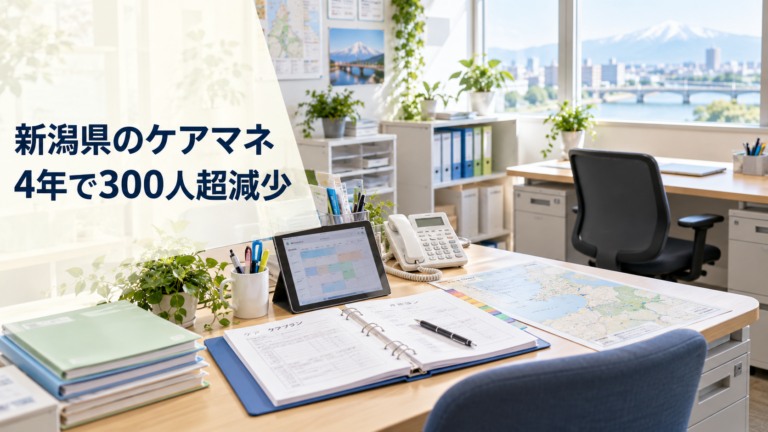 明るいケアマネジメント事業所の机と空席。「新潟県のケアマネ 4年で300人超減少」と表示したニュース画像。