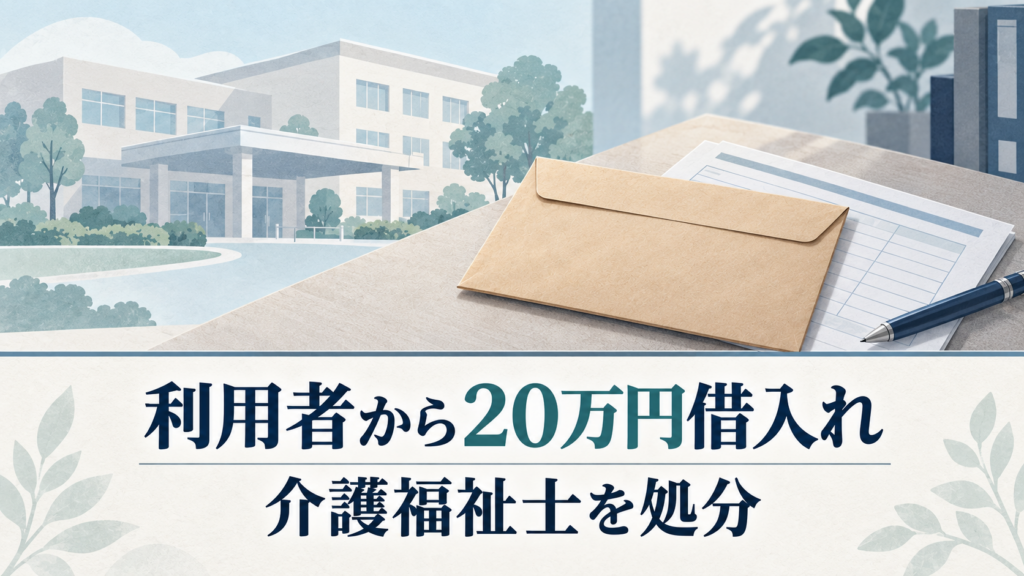 介護施設のイメージと封筒・書類を背景に、「利用者から20万円借入れ」「介護福祉士を処分」と記した画像