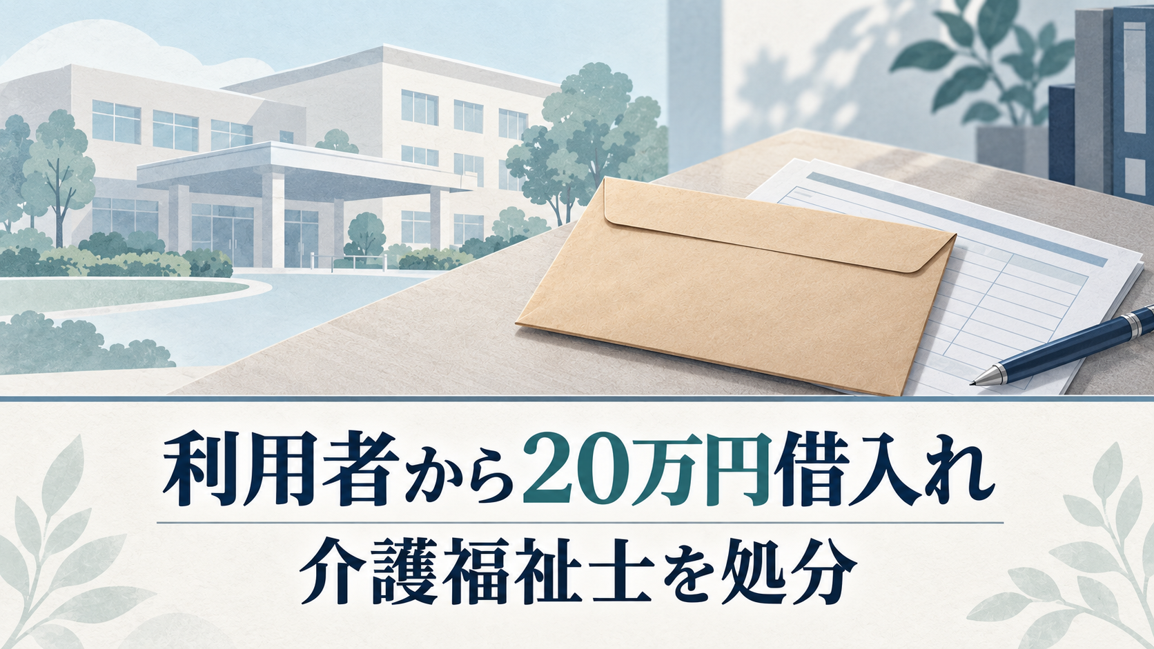 介護施設のイメージと封筒・書類を背景に、「利用者から20万円借入れ」「介護福祉士を処分」と記した画像