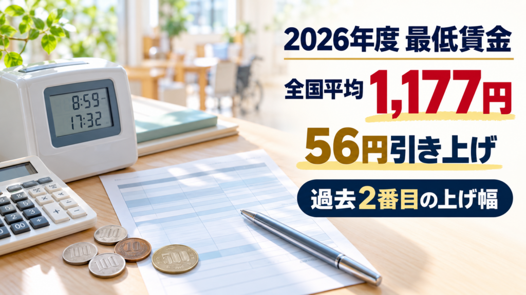 勤怠管理機器と給与計算書類を背景に、2026年度の最低賃金が全国平均1177円となり、前年度から56円引き上げられることを示した画像。