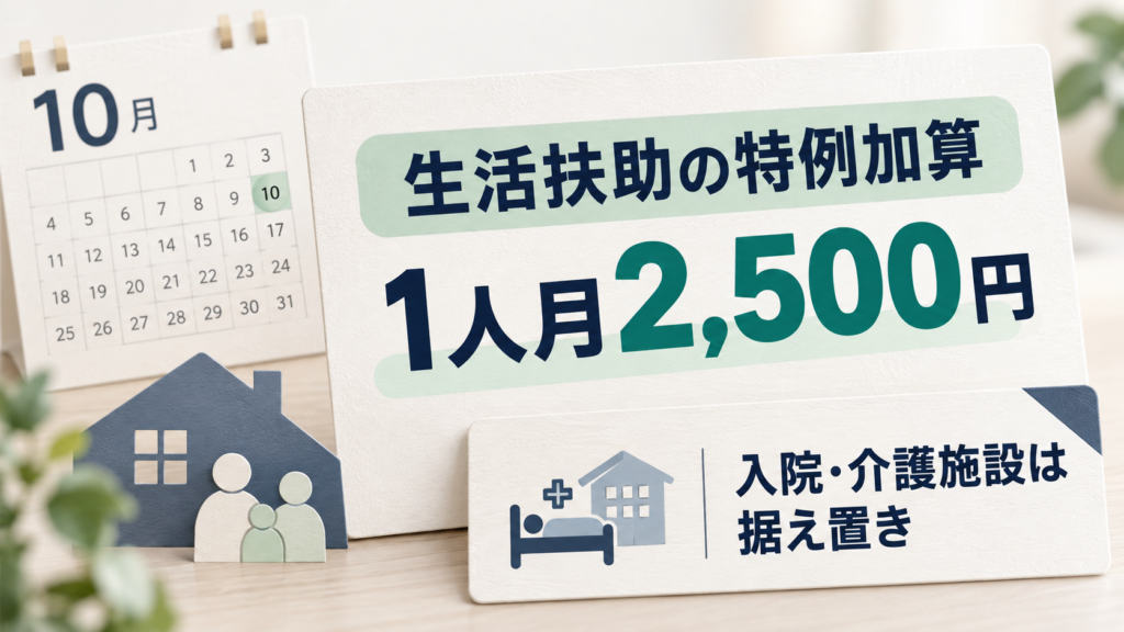 10月のカレンダーを背景に、生活扶助の特例加算が1人月2,500円となり、入院患者と介護施設入所者は据え置きと伝える画像