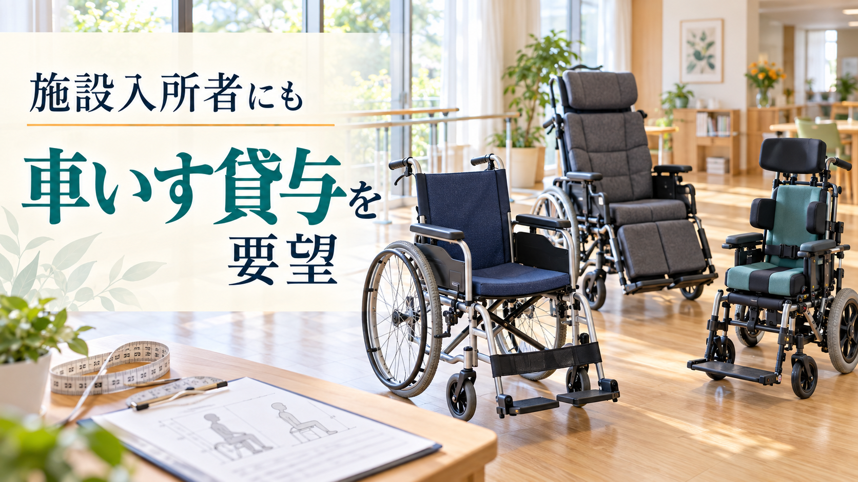 明るい介護施設に種類の異なる3台の車いすが並び、「施設入所者にも車いす貸与を要望」と表示されたサムネイル画像。