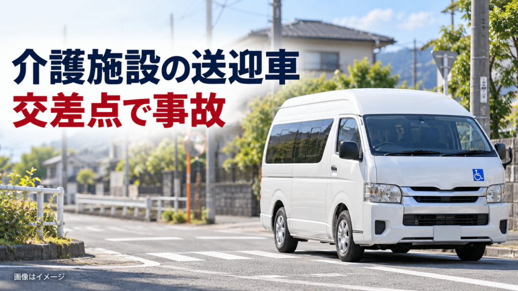 交差点付近を走る車いす対応の介護送迎車を描いたイメージ画像。「介護施設の送迎車　交差点で事故」と表示されている。実際の事故現場や車両の写真ではない。
