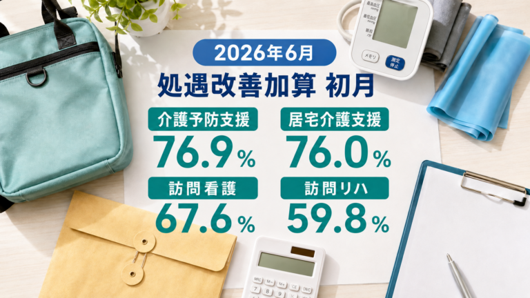 訪問バッグや血圧計、リハビリ用品、ケアプラン書類を背景に、2026年6月の処遇改善加算算定率が居宅介護支援76.0％、訪問看護67.6％だったことを伝える画像。