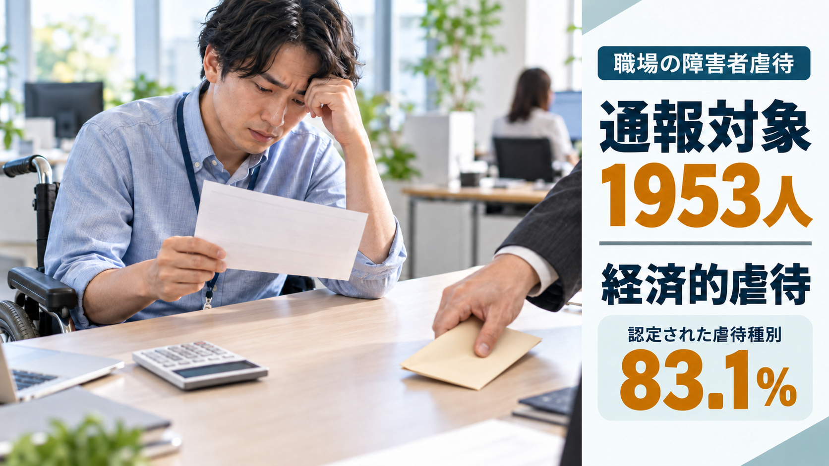 障害者が働く明るい職場と賃金書類を表した画像。2025年度に使用者による障害者虐待の通報対象が1953人となり、認定された虐待種別の83.1％を経済的虐待が占めた。