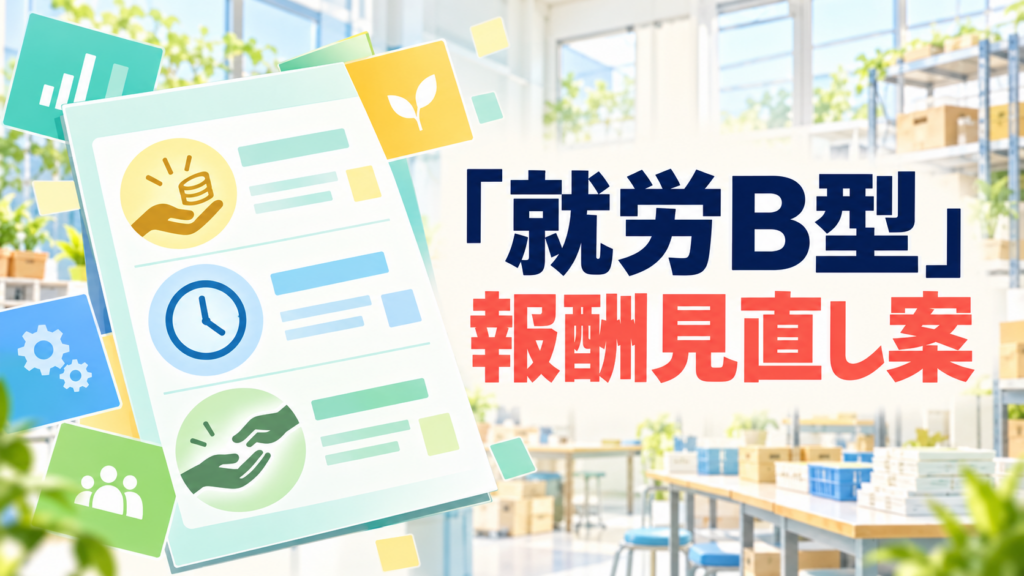 「就労B型」「報酬見直し案」の文字と、工賃、支援時間、支援を表すアイコンを配した評価表のイメージ画像