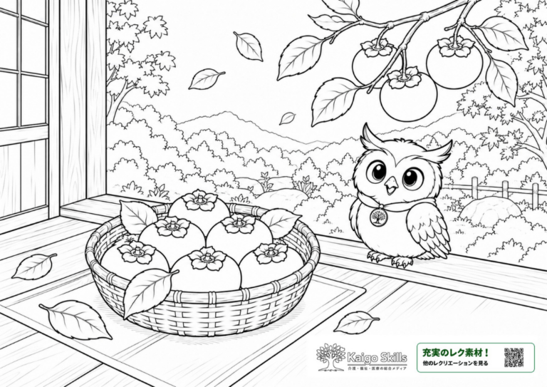 縁側に置かれたかごいっぱいの柿と、柿の木やフクロウ、紅葉した庭の風景を描いた秋の塗り絵｜介護レク素材