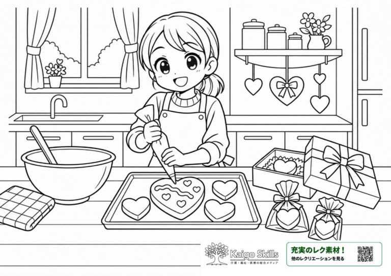 バレンタインデーにハート形のお菓子を作る様子を描いた塗り絵｜介護レク素材