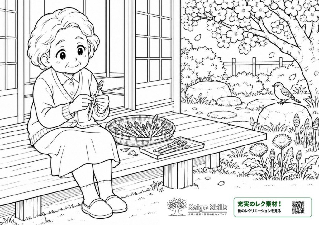 桜が咲く春の庭を背景に、縁側に座った女性がつくしの袴取りをし、タンポポや小鳥が描かれた塗り絵｜介護レク素材