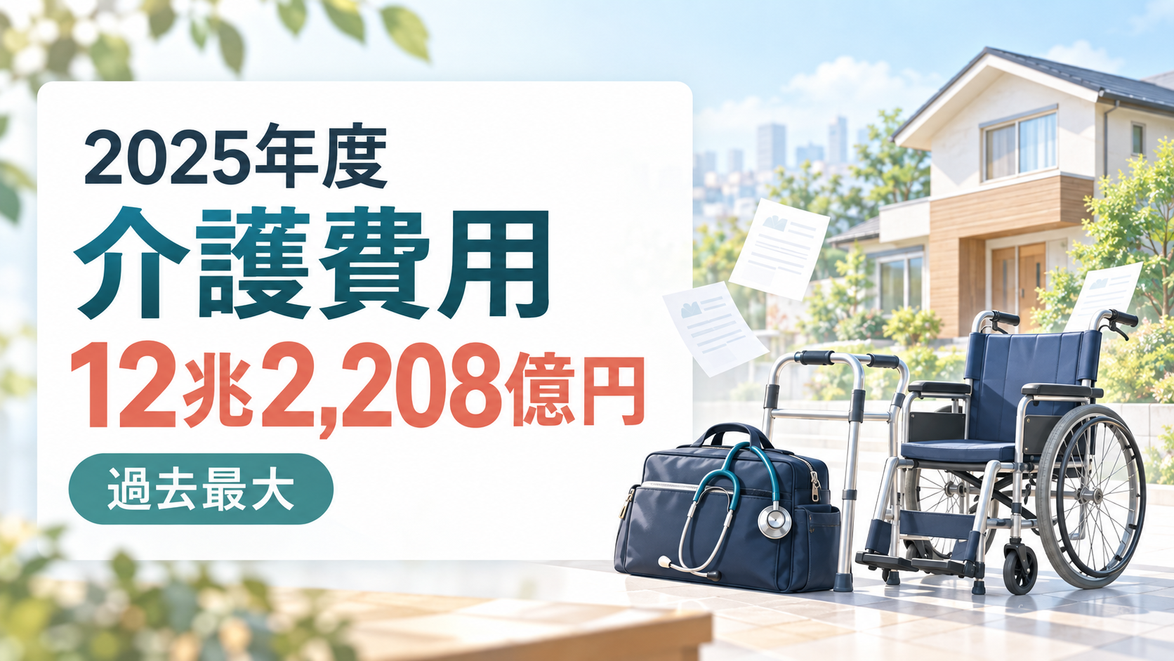 「2025年度 介護費用 12兆2,208億円 過去最大」と表示し、住宅のそばに訪問看護を示すバッグと聴診器、歩行器、車いすを描いた画像