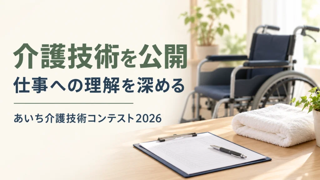 車いす、クリップボード、タオルの実写風イメージに「介護技術を公開」「仕事への理解を深める」「あいち介護技術コンテスト2026」と記した画像。実際の会場を撮影したものではない。