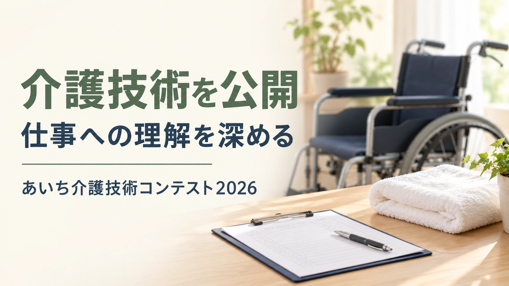車いす、クリップボード、タオルの実写風イメージに「介護技術を公開」「仕事への理解を深める」「あいち介護技術コンテスト2026」と記した画像。実際の会場を撮影したものではない。