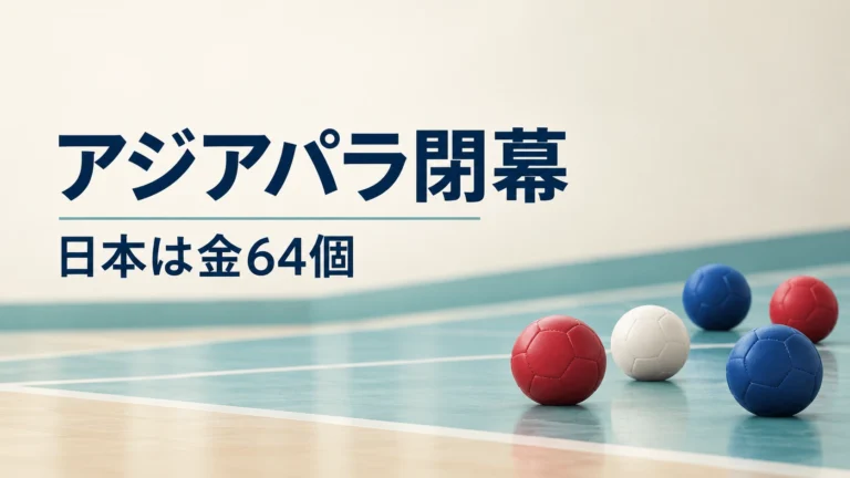愛知・名古屋アジアパラ閉幕と日本の金メダル64個を伝える、ボッチャの赤・青・白のボールを配したイメージ図