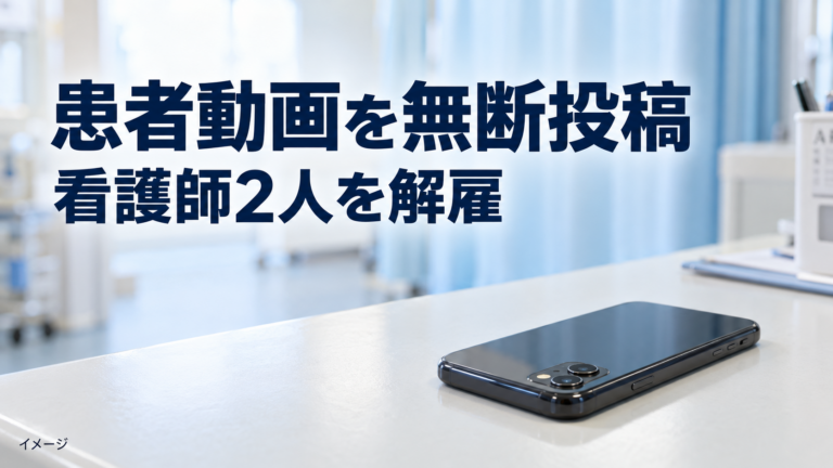 医療施設をイメージした背景とスマートフォンに、「患者動画を無断投稿」「看護師2人を解雇」と記したサムネイル