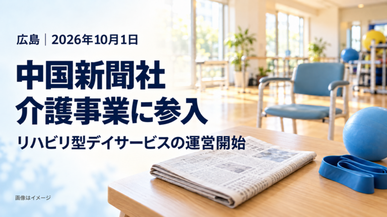 新聞と運動用チューブ、ボールを置いた明るい室内を背景に、「中国新聞社 介護事業に参入」「レコードブックの運営開始」「広島・2026年10月1日」と表示したイメージ画像。