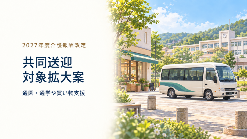 学校や店舗のある地域に停車した小型バスのイメージと、「2027年度介護報酬改定」「共同送迎 対象拡大案」「通園・通学や買い物支援」の文字を配置した画像。